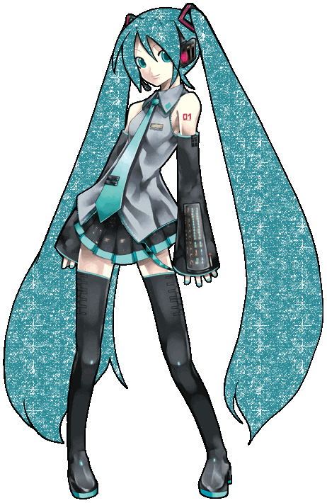 hatsune miku box art, green in hair replaced with animated teal glitter.